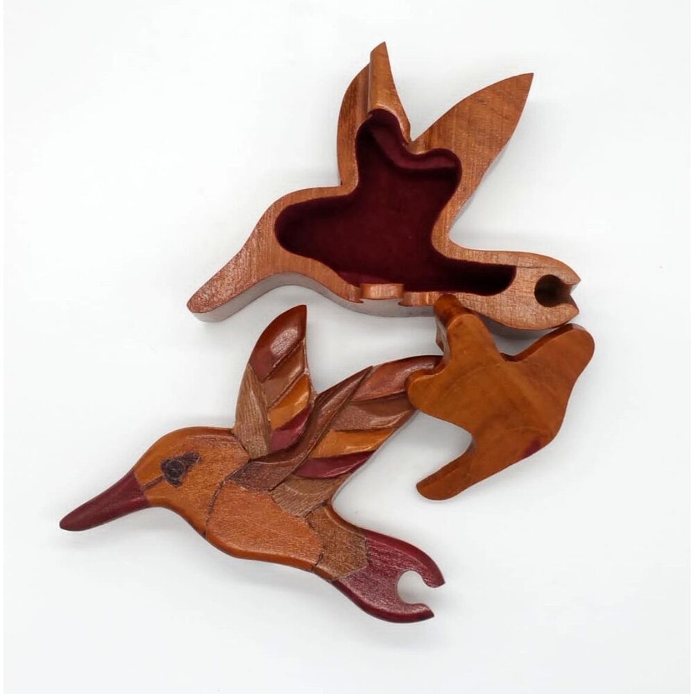 Vintage Hand Carved Wooden Hummingbird Puzzle Trinket Box